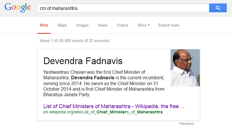 CM of Maharashtra Incorrect Google Result